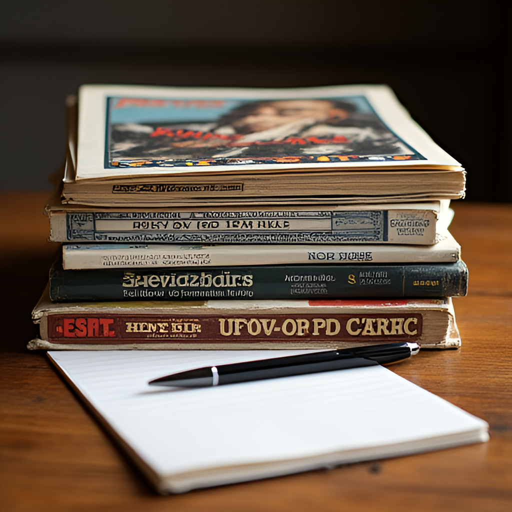 A stack of classic movie posters from different eras (e.g., 1940s, 1970s, 1990s), artfully arranged on a wooden table with a notebook and pen, suggesting review writing
