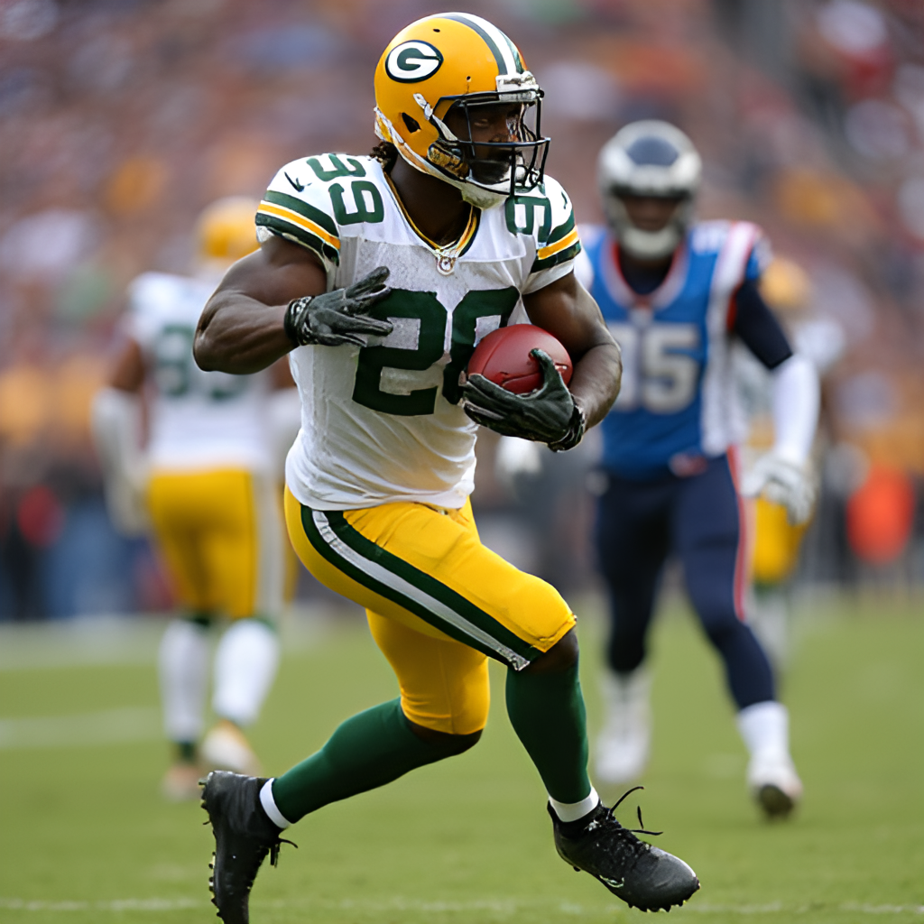 A dynamic action shot of a Green Bay Packers player making a catch during a game, with opposing players in the background and the football clearly visible.