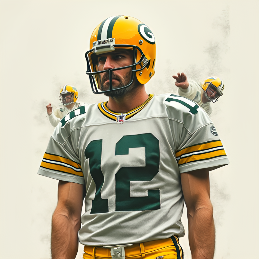 A composite image or illustration representing the duality of Brett Favre's public image, perhaps showing him in his Packers uniform alongside subtle visual elements alluding to off-field controversies or challenges.