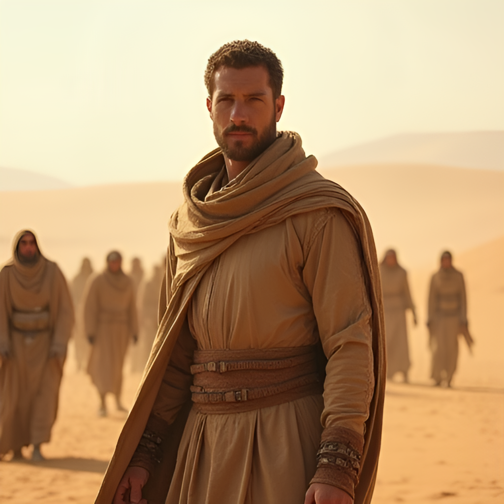 A portrait of Paul Atreides as Muad'Dib, standing in the Arrakis desert with Fremen around him, conveying a sense of leadership and destiny. He is wearing a stillsuit.