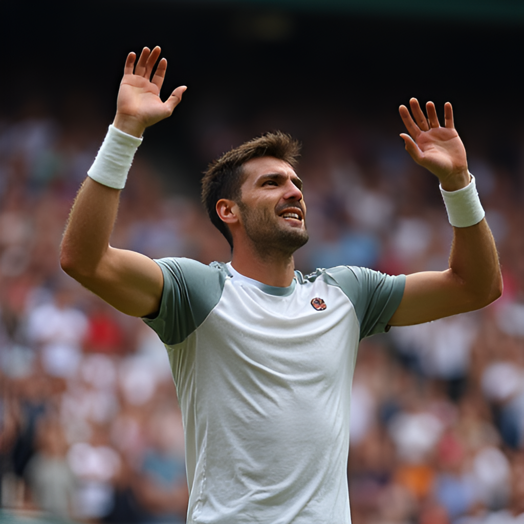 A dynamic photo capturing Tomas Martin Etcheverry celebrating a point win during a match, with his arms raised and a determined expression, showcasing his competitive spirit. The background should suggest a large stadium crowd.