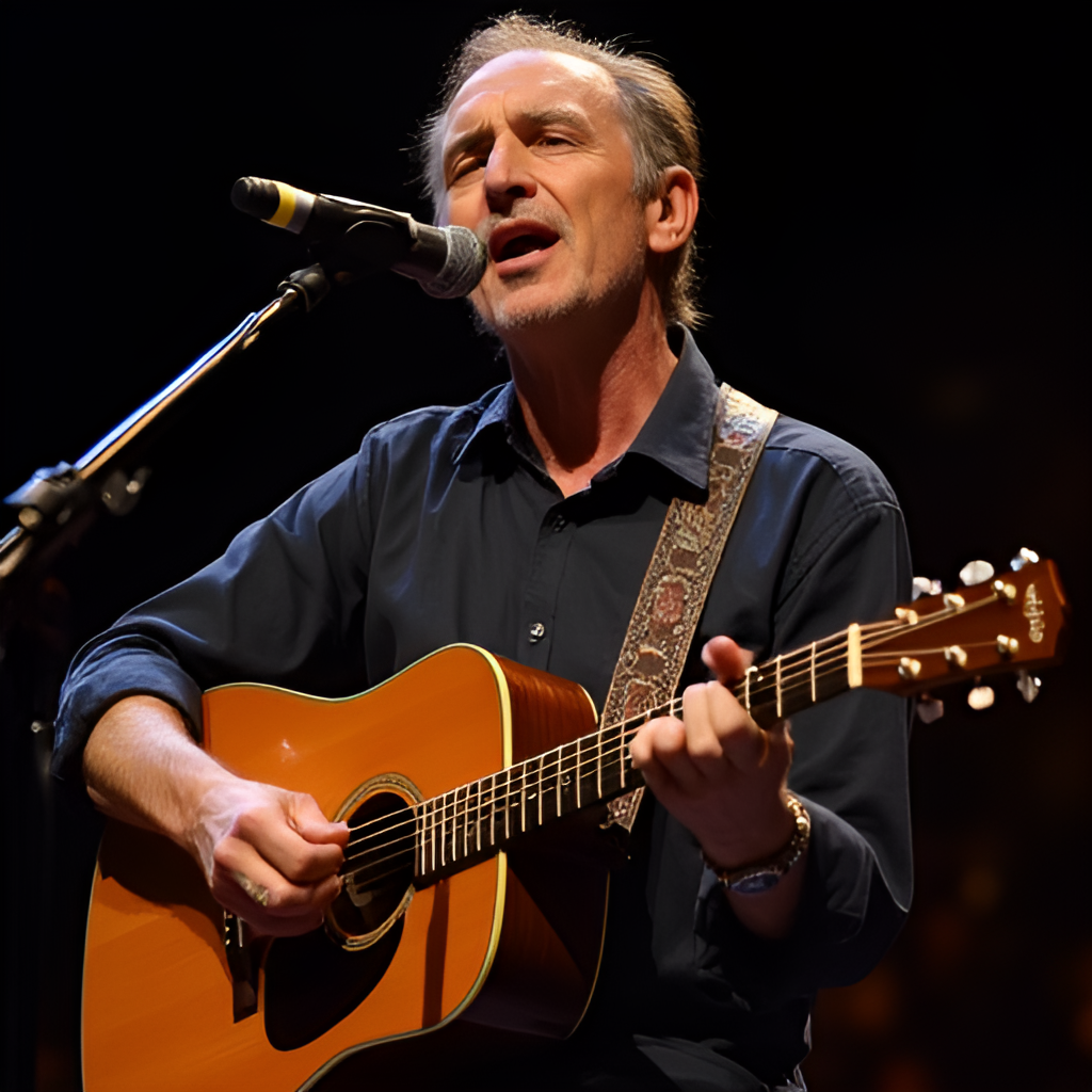 A portrait of James Taylor playing an acoustic guitar on stage, capturing his focused and intimate performance style, perhaps with warm stage lighting.