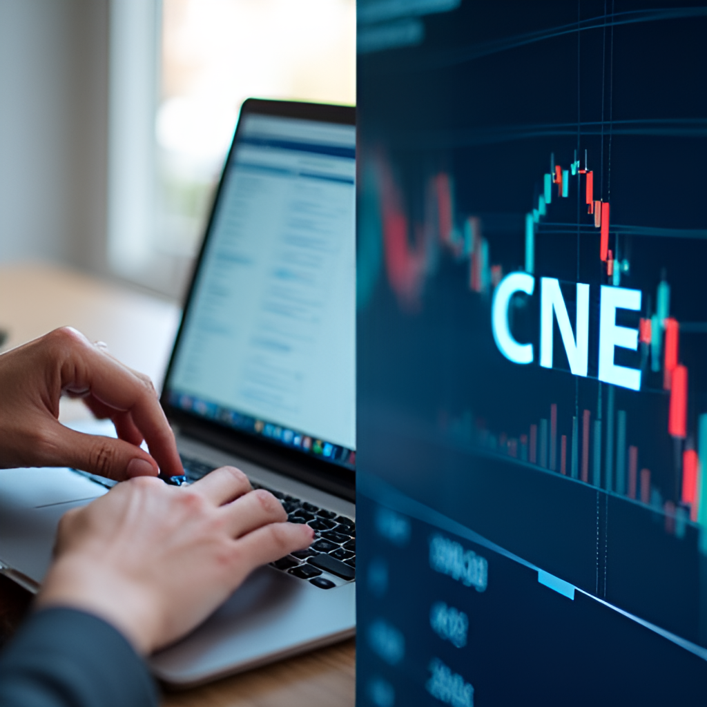 A split image: one side shows a person paying a utility bill online on a laptop, and the other side shows the CenterPoint Energy CNE stock ticker symbol on a financial chart.