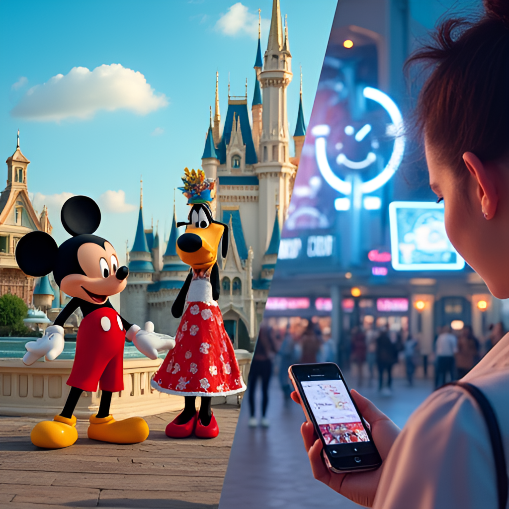A split image or collage showing different aspects of the Disney experience: one side features an animated scene of classic characters (Mickey, Minnie, Goofy) and the other side shows modern elements like a person using a smartphone app in a theme park with futuristic attractions visible.