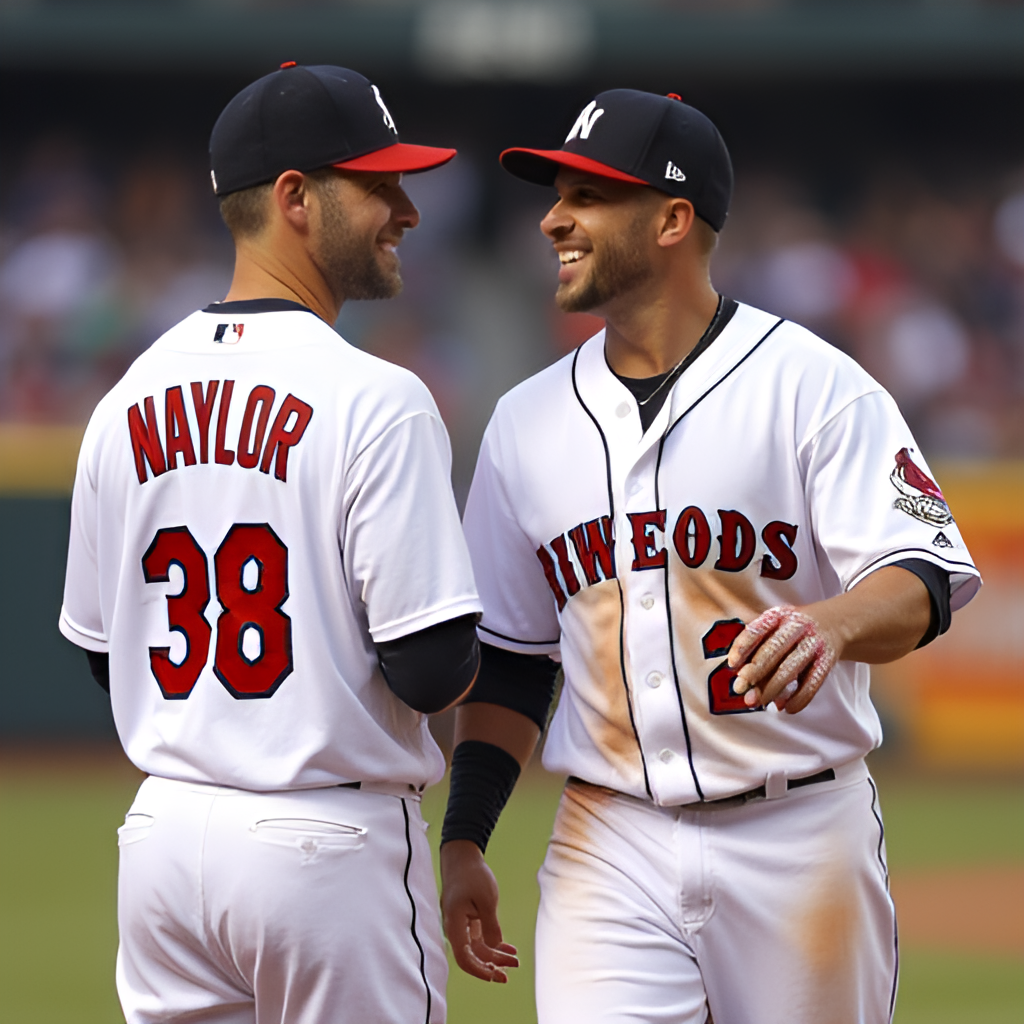 A heartwarming image of Josh Naylor with his brother Bo Naylor on the field in their respective MLB uniforms, perhaps smiling or interacting during a game, highlighting their unique bond in professional baseball.