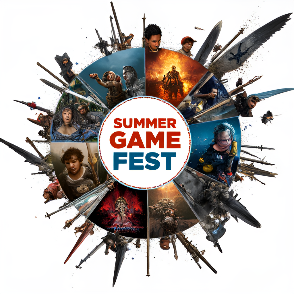 A dynamic composite image showing scenes from various video games, ranging from action-adventure to indie puzzle games, arranged around the Summer Game Fest logo, representing the diversity of titles showcased at the event.