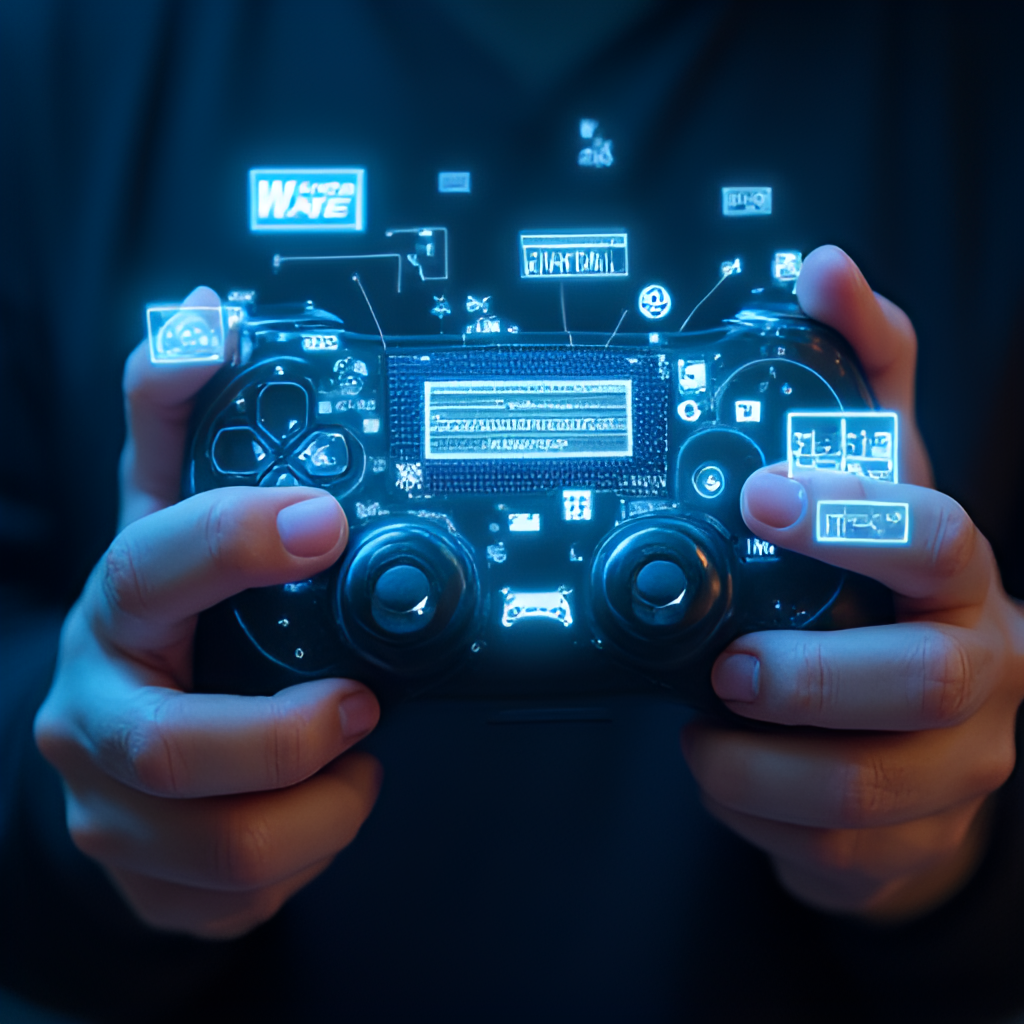 A dynamic image showcasing a hand holding a game controller with various game interfaces and logos projected onto the surface, illustrating the interactive nature of the event and the games being shown.
