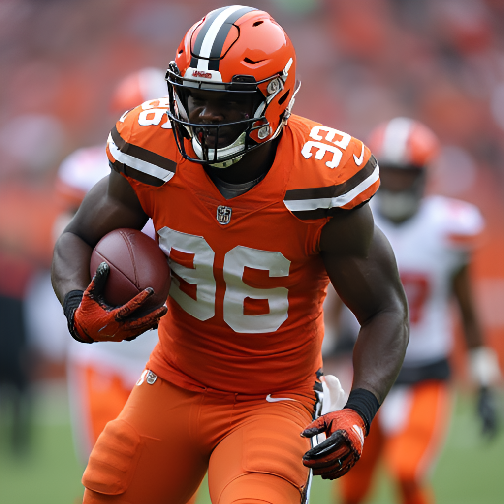 A close-up, dynamic shot of a Cleveland Browns player celebrating a big play on the field, conveying energy and passion, possibly involving defensive end Myles Garrett or a key offensive player.