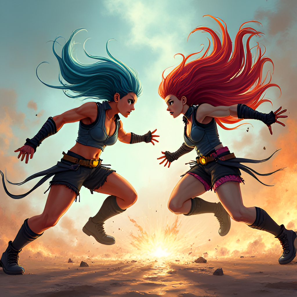 A dynamic, action-packed scene featuring Vi and Jinx from Arcane, rendered in the show's distinctive hand-painted style, perhaps mid-conflict or facing different directions, highlighting their opposing paths.